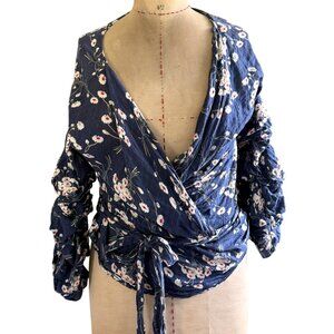 SHK Paris Floral Tie Waist Faux Wrap Blouse Crop Top Women's S/M Blue Bohemian